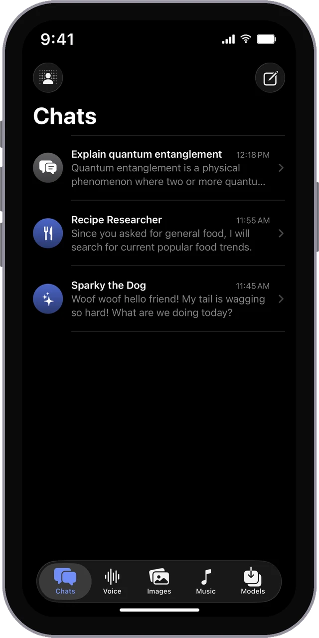 MLX Chat conversation list running locally on iPhone