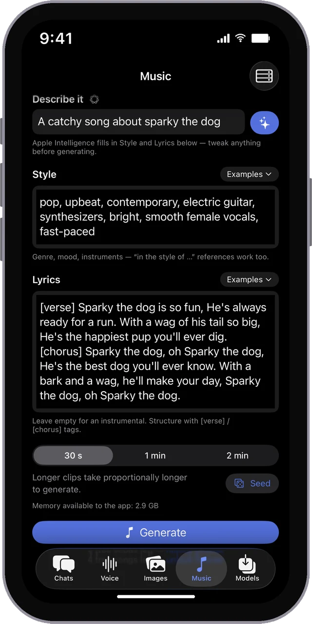Music generation in MLX Chat, a song written from a text prompt